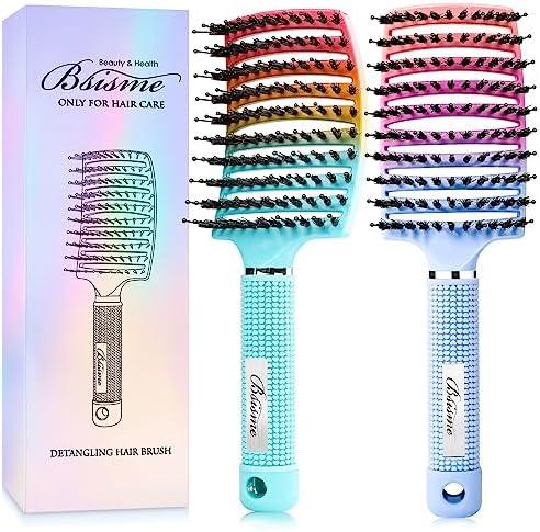 Boar Bristle Hair Brush, Curved Vented Detangler Brush Faster Blow Drying, Paddle Detangling Brush for Women Men Kids Wet Dry Long Curly Thick Straight Hair, Make Hair Shiny and Healthier(Green+Blue)