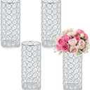 Elegant Crystal Column Vase/Candle Holder for Table Centerpiece, Cylinder Flower Display for Weddings & Home Decor (4, Silver)