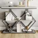 3-Tier Entryway Table, Narrow Console Table with Open Shelves, Modern Sofa Tables with Storage & Diamond-Shaped Metal Frame, Accent Tables for Entryway, Hallway, Gray