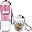 Dog Water Bottle with Food Container, Travel Puppy Water Bowl, Portable Pet Dispenser, Girl Dog Accessories Stuff Items Essentials Necessities for Yorkie Chihuahua Cat Walking and Hiking (10oz, #04 Pink)