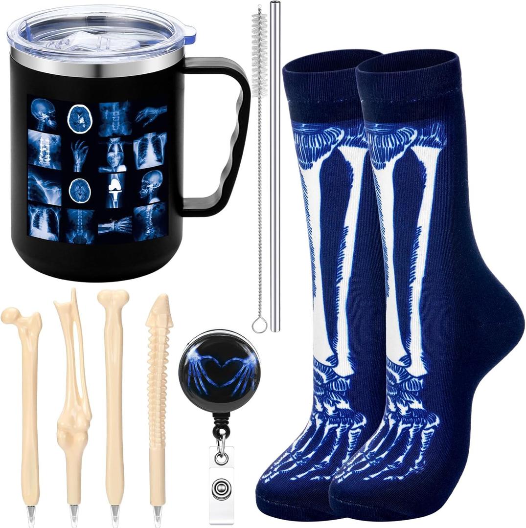 Patelai 7 Pcs Radiology Tech Gifts Set Xray Technician Gifts 16 oz Tumbler with Handle Skeleton Socks X-Ray Badge Reel Bone Shape Ballpoint Pens for Radiology Tech Appreciation Men Women Nurse Doctors