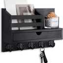 Key Holder Wall Mount, Mail Holder with Storage Drawer and 5 Key Hooks for Coat, Dog Leash, Home Decor Rack, House Accessories, Entry Way Organizer (Standard - 11.8 Inch, Black)