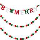 Breling 3 Pieces Christmas Felt Ball Garland 10ft Christmas Pompom Decorations Happy Holidays Banner Mantle Fireplace Room Xmas Party Hanging Decor (Red, Green, White)