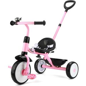 Liberry 2 in 1 Toddler Tricycle Age 2 3 4 Years Old, Kids Trike with Adjustable Push Handle, Bell & Basket, 3 Wheel Bike Riding Toy Birthday Gift for Girls Boys, Light Pink