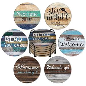 Bar Ceramic Cup Drink Coasters Set of 6 with Holder, Water Absorbent Round Monogram Cute Cool Morden Funny Unique, for Bottle Table Desk Farmhouse Office (Multicolor)