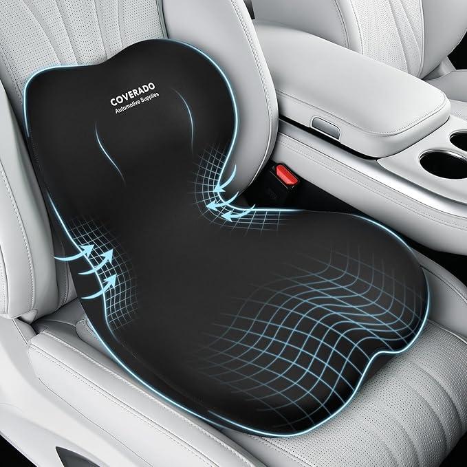 Coverado Car Seat Cushion with Memory Foam, Ergonomic Driving Seat Cushion Back Pain Relief, Thickness: 4.31 inches Non-Slip Washable Cushion for Car, Driver, Office, Wheelchair