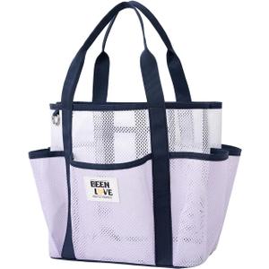 Mesh Beach Bag for Women Small Beach Tote Bag Sandproof Foldable Swim Pool Bag with 8 Pockets for Travel (Purple)