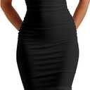Kaximil Women's Sexy Bodycon Ruched Square Neck Midi Dresses Elegant Sleeveless Ruffle Cocktail Party Dress (Small, Black)