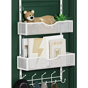 Hanging Organizer with Hooks for Doors, Includes Coat Hooks And Two Mesh Baskets for Storing Clothes, Ideal for Back of Door Use in Bathroom, Kitchen, Or Bedroom -White (Fits 4.47cm Doors)