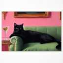 Black Cat Canvas Wall Art, Cute Cat with Martini Poster, Quirky Animal Fine Art Prints, Trendy Bar Cart Art Decor for Wall, Funny Relaxed Black Cat Lying In Couch Picture 8x12in Unframed