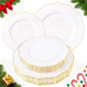 WDF 60pcs Gold Plastic Plates -Baroque White &Gold Disposable Plates for Upscale Parties &Wedding-including 30 Plastic Dinner Plates 10.25inch, 30Salad Plates 7.5inch