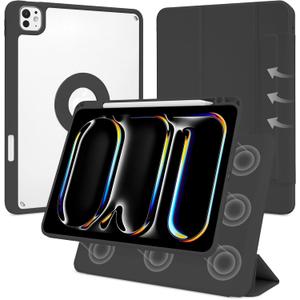 Case for iPad Pro 11 inch M5/M4 (2025/2024, 6th/5th Generation), Removable and Detachable Magnetic Cover with Pencil Holder, Vertical Adjustable Stand, Tri-Fold Multi-Angle, Black