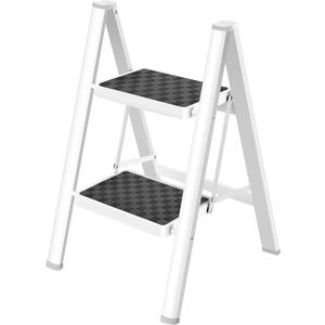 HBTower Step Ladder, Step Ladder Folding Step Stool, Portable Sturdy Steel Ladder Stool for Adults with Anti-Slip Wide Pedals Home Outdoor Kitchen, White