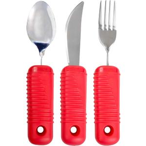 3 Piece Super Easy Grip Red Flatware Set - Bendable Built Up Large Fork, Knife, and Spoon - Red