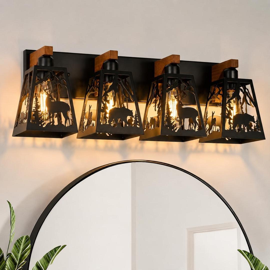 Rustic Bathroom Light Fixtures-Deer Bear, 4 Light Metal Wooden, 29.5" (L) x 7.5" (W) x 8.8" (H)