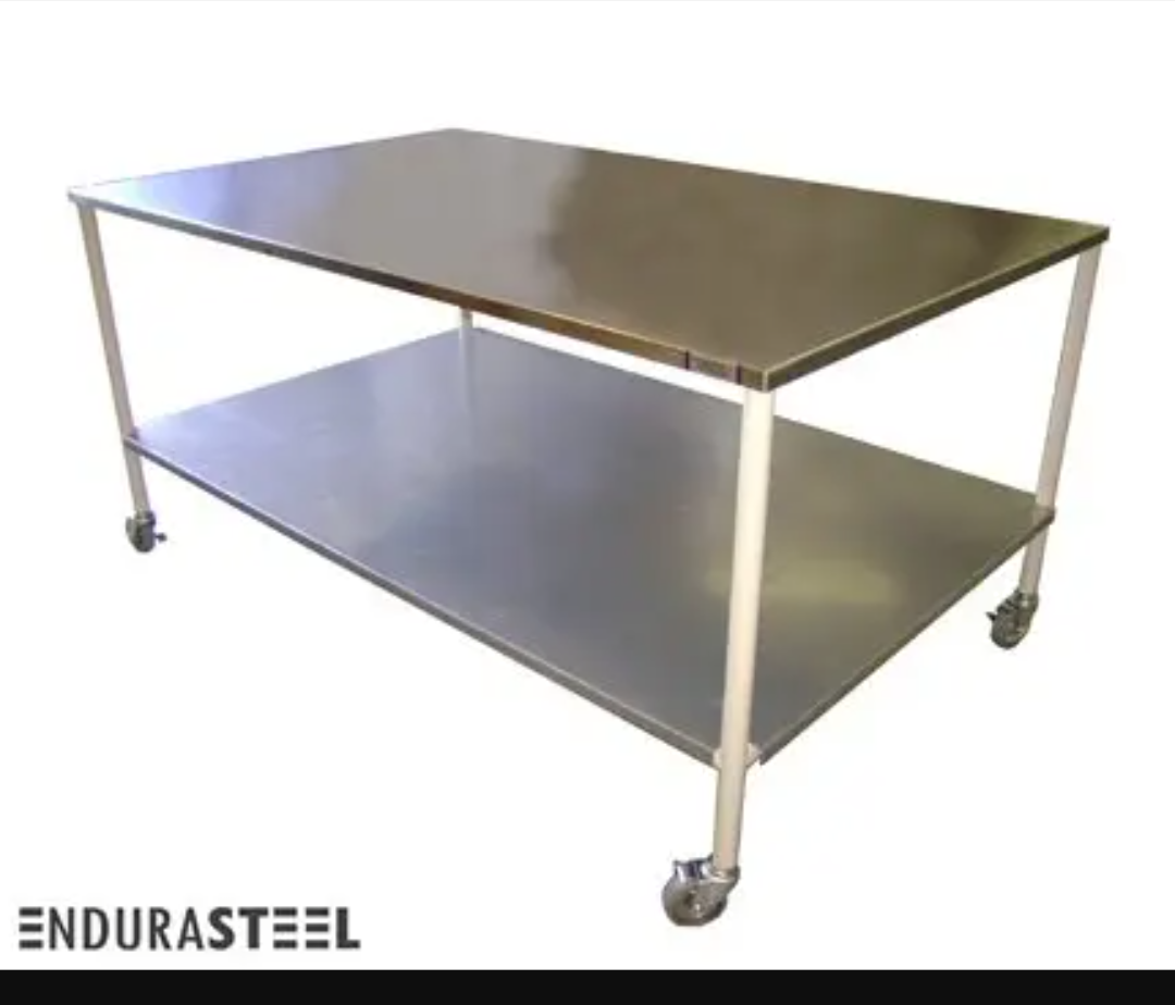 EnduraSteel Stainless Steel Mobile Prep Table with Power-Coated Mild Steel Frame 3.9 ft x6 ft
