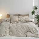 MooMee Oversized Queen Duvet Cover Set, 100% Washed Cotton Linen LikeTwill Thick Sturdy Material Super Soft Breathable Durable Bedding for All Season, 3 Pieces (Cream Grey, Oversized Queen 98"x98") (Cream Grey (No Comforter))