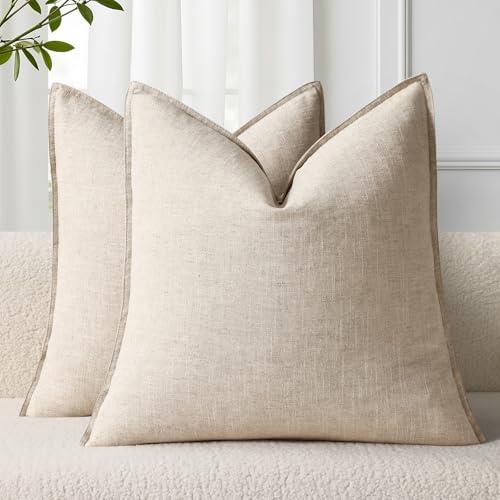 decorUhome Summer Decorative Linen Euro Sham Throw Pillow Covers 26x26 Inch Set of 2 Natural Beige Pillow Covers with Flange Edges Soft Farmhouse Boho Accent Pillow Cases for Couch Bed Living Room