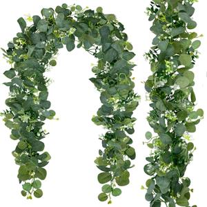 2 Packs Artificial Eucalyptus with Flowers,Fake Garland for Wedding, Faux Greenery Garland Vines Table Runner,Summer Floral Decorations for Hanging,Wedding Backdrop,Indoor, Green