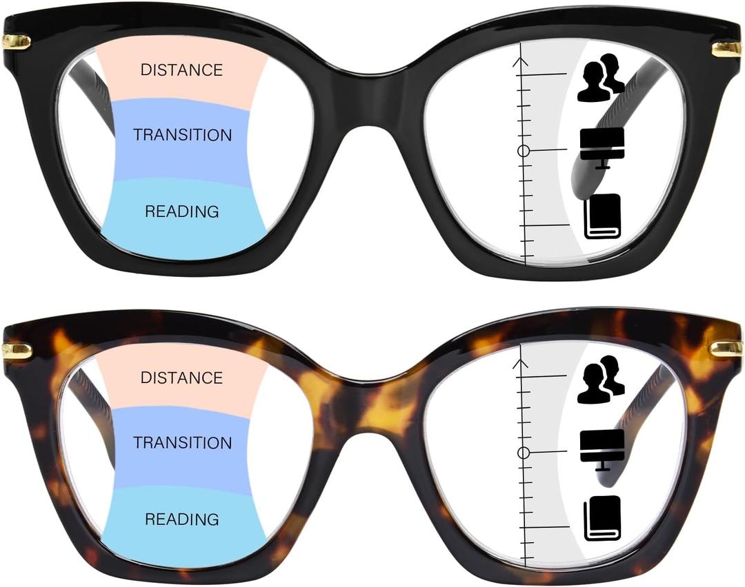 Progressive Multifocal Reading Glasses for Women, Oversized Blue Light Blocking Computer Readers Spring Hinge
