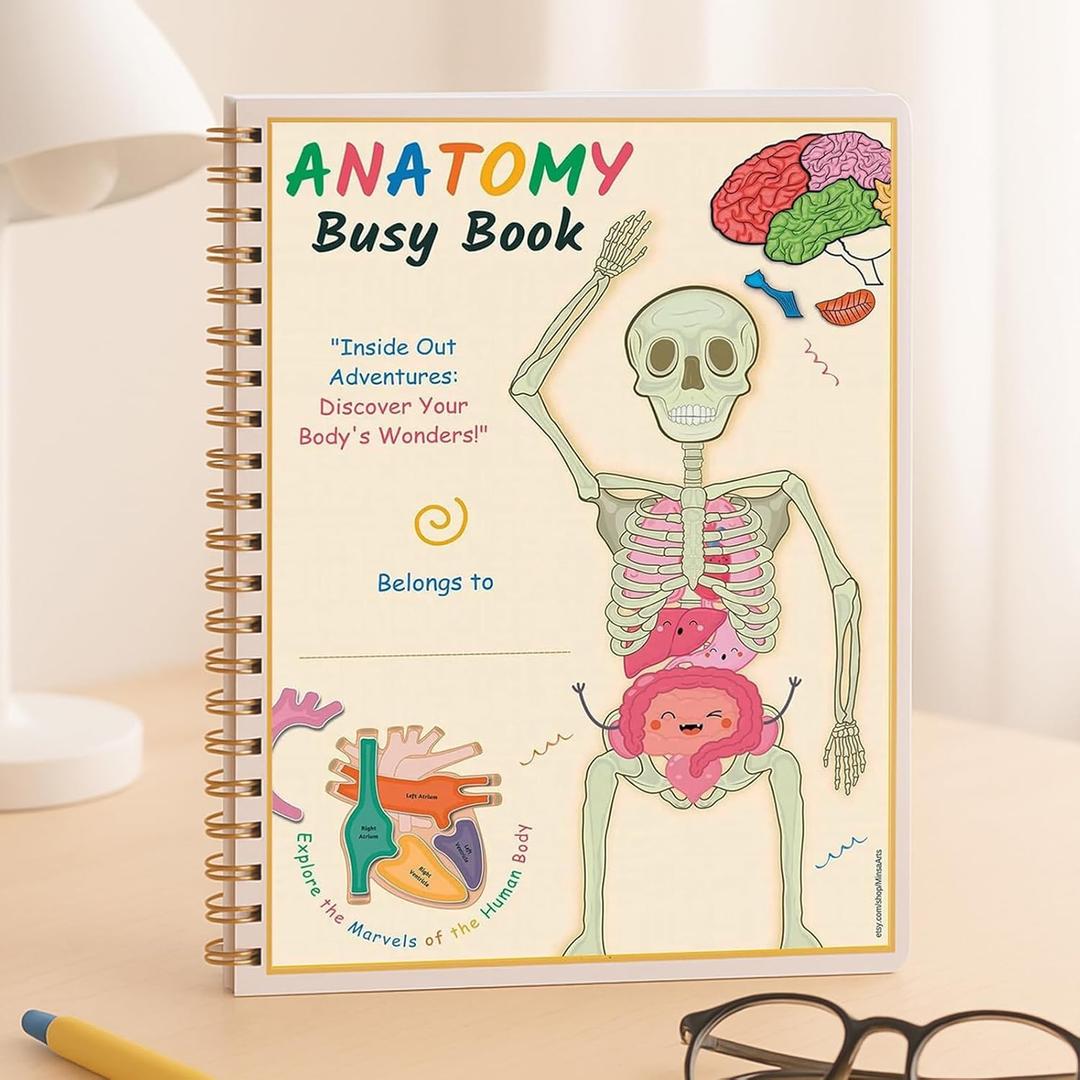 Human Body Anatomy Busy Book for Kids Ages 4-8 - 63 Pages Montessori Body Model Learning Activities Book, Interactive Educational Toys Learning Materials for Preschool (Beige)