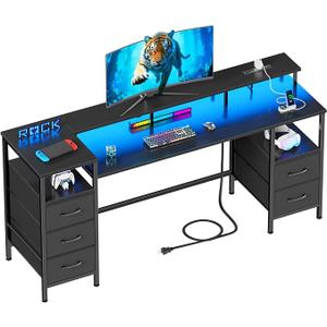61 Inch Computer Gaming Desk with Power Outlets & LED Lights Reversible Home Office Desk with Adjustable 5 Fabric Storage Drawers for Working Writing Study, Black