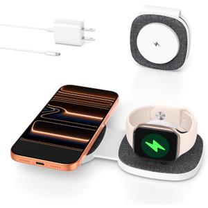 Charging Station for Apple Multiple Devices：2 in 1 Foldable Wireless Charger for Magnetic Wireless Charger Station Travel Charging Pad for Apple iPhone 17 16 15 14 13 12 Series& Apple Watch& Airpods