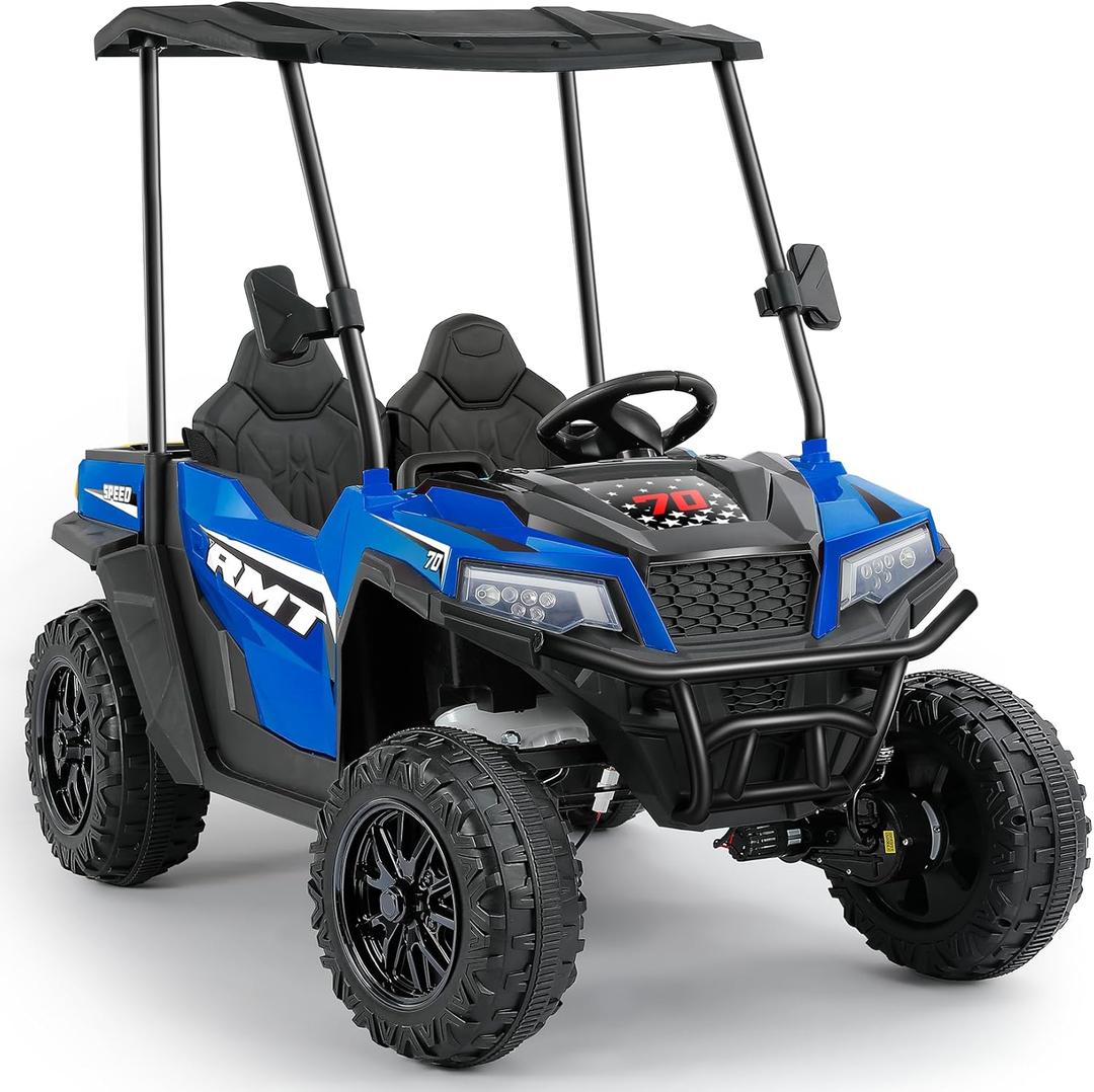 ELEMARA 24V Ride on Toy for Big Kid,Ride on Car 2 Seater w/Sun Shade,Dump Bed & Shovel,4.5MPH,4WD Electric Car for Kids,Battery Car w/Remote,Kids Ride on Truck,3 Speeds,LED Lights,Bluetooth, Blue