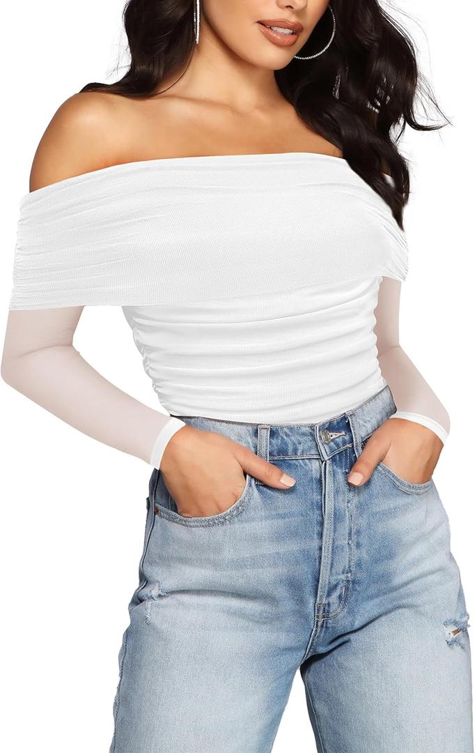 SAUNGKUAI Women's Off The Shoulder Long Sleeve Bodysuit Sexy Slimming Body Suit Tops Sheer Mesh Ruched Outfits (White), Size XL