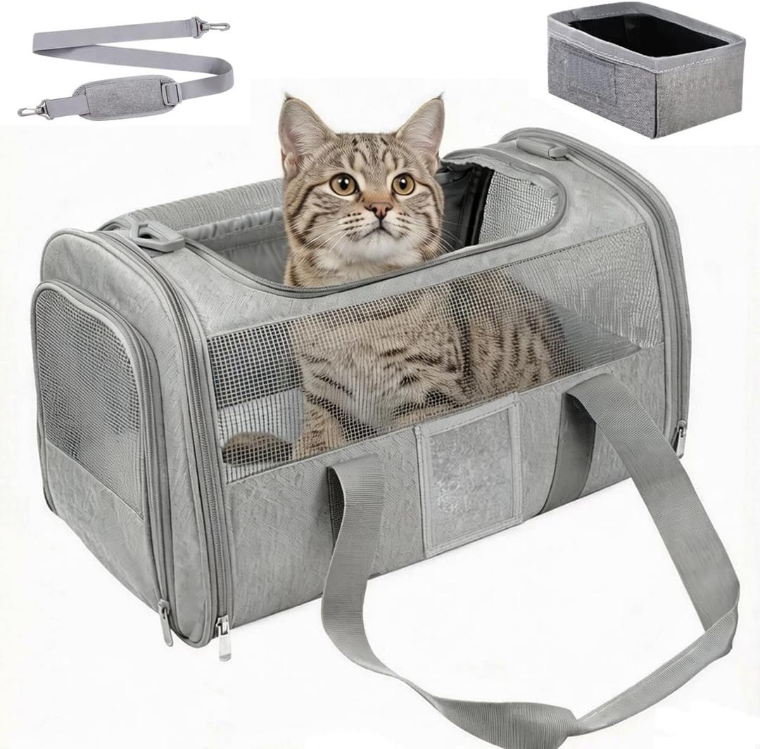 Cat Carrier Pet Dog Carrier Airline Approved for Puppy Kitten Carriers Under 15lb, Collapsible Soft Sided TSA Approved Travel Carrier-Grey
