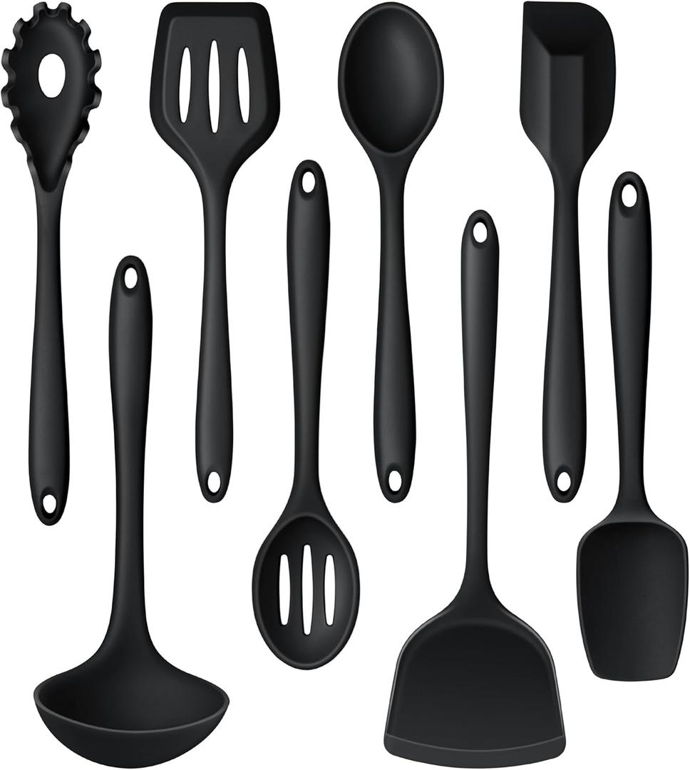 LIANYU 8Pcs Cooking Utensils Set, Heat Resistant Kitchen Utensils, Silicone Utensils Spatula Set for Nonstick Cookware with Spatula, Ladle, Turner, Spoon, Dishwasher Safe, Black