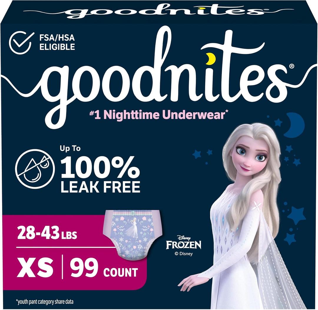 Goodnites Girls' Nighttime Bedwetting Underwear, Size Extra Small (28-43 lbs), 99 Ct