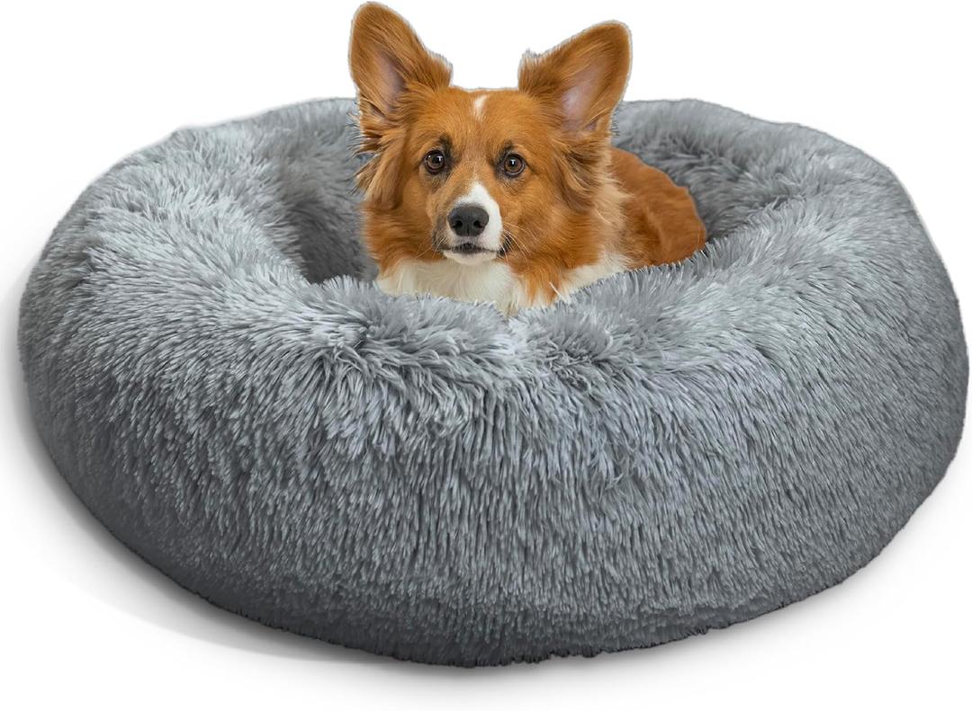 Best Friends by Sheri The Original Calming Donut Dog Bed  Washable Plush Pet Bed for Medium Breeds up to 45 lbs, Shag Faux Fur, Gray, Medium (30"x30")