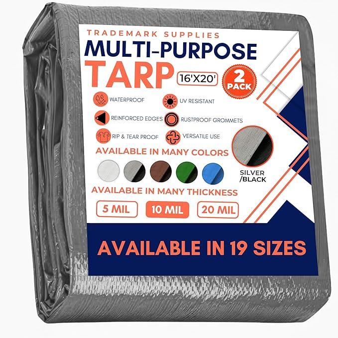 Large Waterproof Tarp - Heavy Duty 10 Mil Thick Poly Tarpaulin Ideal for Canopy Tents, Boats, RV or Pool Covers - Multipurpose Protective Tarps with Grommets for Indoor, Outdoor Use | 16' x 20' 2 Pack