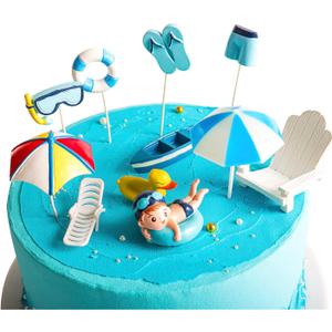 11 Pcs Swimming Pool Cake Decoration - Hawaiian Beach Chair Umbrella Cake Toppers for Summer Birthday Party Supplies, Blue, Small