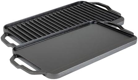 Lodge 19.5" X 10" Cast Iron Reversible Grill griddle - Double Burner Griddle - Indoor & Outdoor Cooking - Superior Heat Retention - Reversible Grill Griddle - Made in the USA