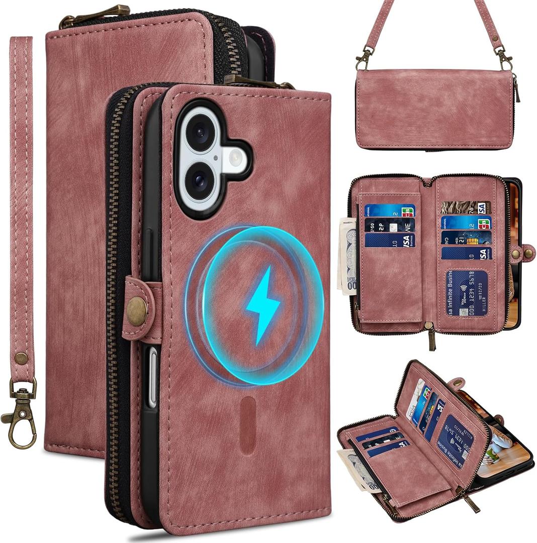 Rssviss Wallet Case for iPhone 15 Pro Max Crossbody with Card Holder Wrist Strap, Flip Zipper Case Compatible with Magsafe, RFID Blocking Purse Cover for iPhone 15 Pro Max Women Men 6.7 inch