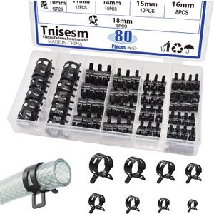 Tnisesm 80Pcs Spring Band Hose Clamps Assortment kits Silicone Vacuum Hose Pipe Clamp 7mm 9mm 10mm 11mm 14mm 15mm 16mm 18mm Low Pressure Air Clip Clamp(Black)