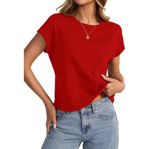 Womens Cap Sleeve Crop Tops Cotton T Shirts Crewneck Loose Fit Short Sleeves Tee Summer Fashion Clothes 2026, XL