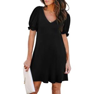 Aloodor Women's Casual Dresses Short Sleeve V-Neck Dress with Pockets (Black, XL)