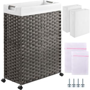Greenstell Laundry Hamper with Wheels & Handles, 26.4 Gallon (100L) Slim Laundry Basket with 2 Removable Liner Bags & 2 Mesh Bags, Foldable Narrow Clothes Hamper for Bedroom, Bathroom, Closet, Grey