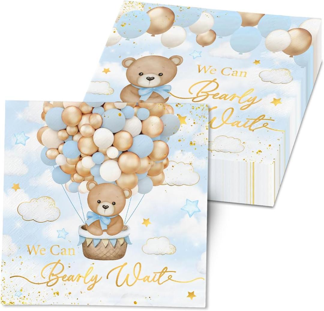 Blue Bear Baby Shower Decorations Napkins, 40Pcs We Can Bearly Wait Baby Shower Napkins, Teddy Bear Favors Napkin Cocktail Dessert Paper Napkin for Boy Bear Beraly Wait Party Supplies