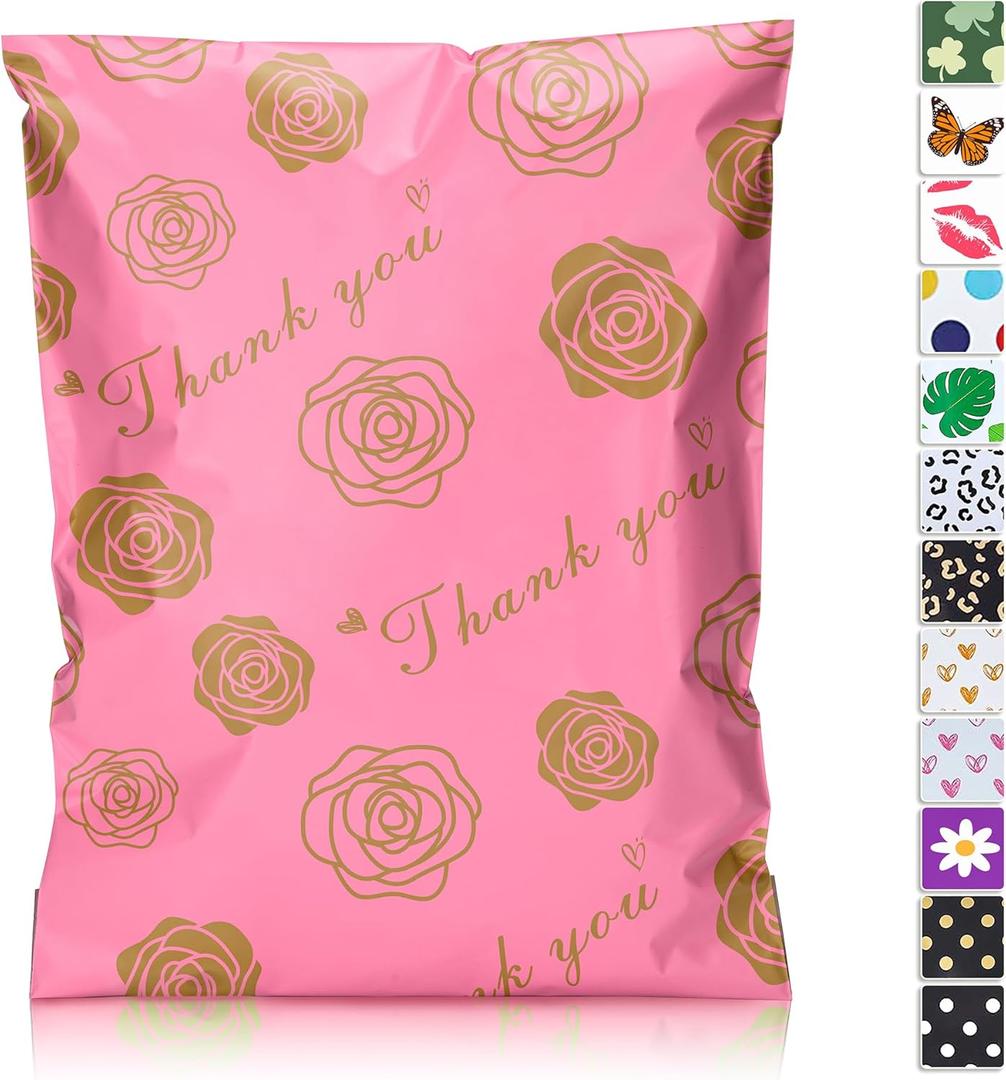 JinRuiKJ Thank You Poly Mailer 14.5x19 50 Pack - Mailer Poly Bags for Shipping, Strong Thick and Self Adhesive Mailing Bags - Cute Packaging Bags for Small Business - Gold Rose Printed