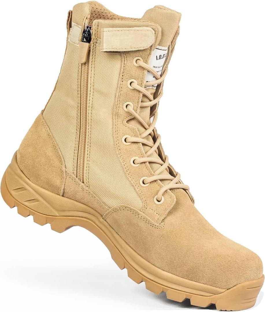 Men's Military Tactical Work Boots with Side Zipper, Puncture Resistant, Desert Combat, Army Jungle, 8 Inch Lightweight Hiking Boots (7.5, Beige)