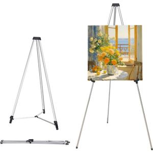 MXG Portable Adjustable Large Display Stand, Heavy Duty Aluminum Tripod Easel for Painting, 33-64 Inch Foldable Tabletop & Floor Sign Holder for Art Exhibitions, Outdoor, & Wedding, Silver