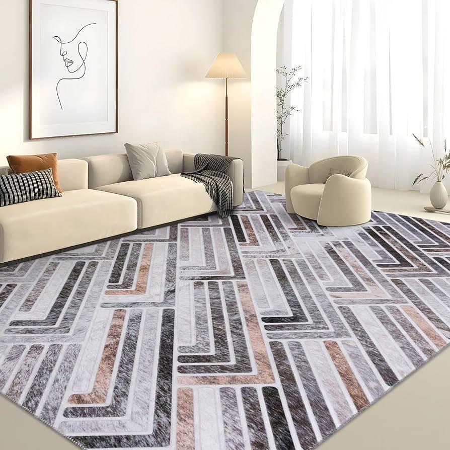 DECOMALL Coronado Washable Area Rugs, Modern Geometric Faux Cowhide Patchwork Rug, Large Carpet for Living Room Bedroom, 9x12ft Multi