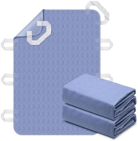 2 Pack Positioning Bed Pad with Handles, 8 Sturdy Handle Washable Bed Pads for Incontinence, Waterproof, Reusable Underpads for Elderly Hospital Home Care, Blue, 36”×52”