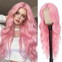 Long Pink Wavy Wig Middle Part for Women 26 Inch Light Pink Curly Wavy Wigs Natural Looking Synthetic Heat Resistant Fiber Wig for Daily Party Use