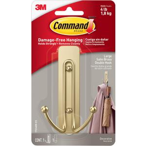 Command Large Satin Brass Double Hook, 1 Hooks and 1 Command Strip, Damage Free Hanging Wall Hooks with Adhesive Strips, No Tools Coat Hooks for Hanging Home Decor, Holds up to 4 lb