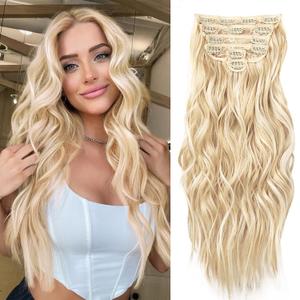 NAYOO Clip in Hair Extensions for Women 20 Inch Long Wavy Curly Blonde Mix Bleach Blonde Hairpieces Full Head Synthetic Hair Hairpieces(6PCS,Blonde Mix Bleach Blonde)